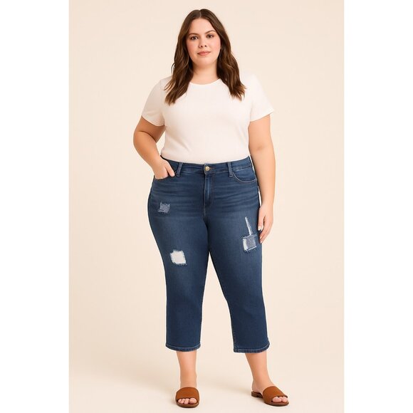 Lane Bryant Girlfriend Crop Jeans Size 26 Mid Rise Flex Waistband Distressed - Picture 1 of 16